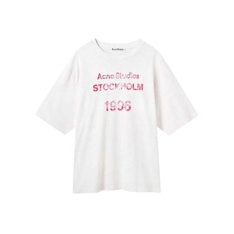 Acne Studios 2090-80 White Pink Lettering Style Ac908046 Stockholm Logo T-Shirt Resort Wear