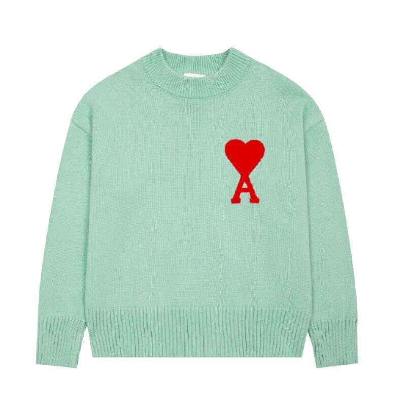 Ami Paris Streetwear Heart logo sweater Green Knit Top with Logo Accent