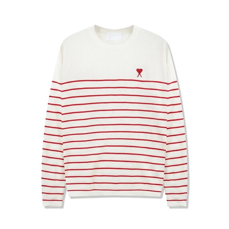 AMI Stripe Heart White Sweater