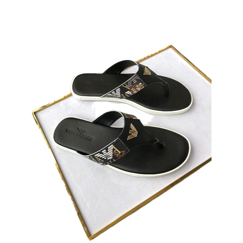 Armani Trendy Brand Printed Light Luxury Style Black Flip-Flops