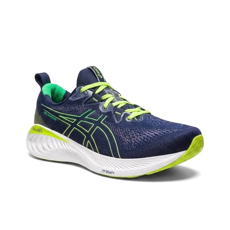 ASICS retro-style navy blue and fluorescent green running shoes