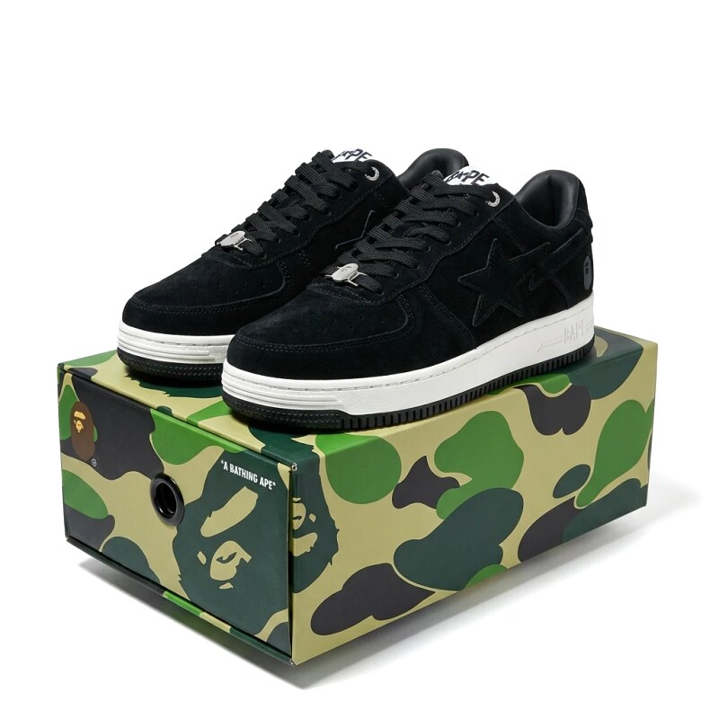 Bape camouflage-style black skate shoes