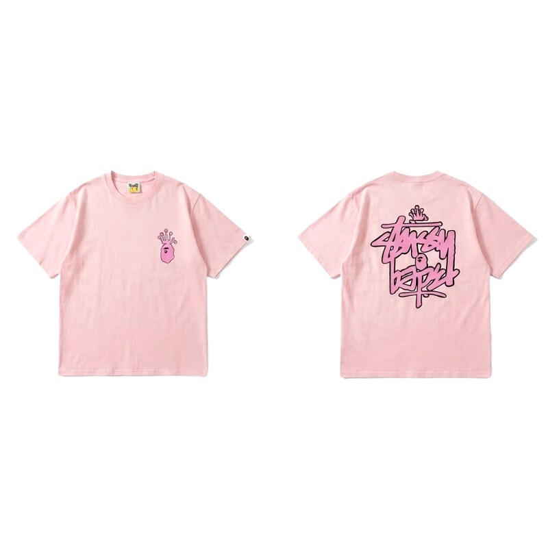 Bape Crown Print Trendy Cool Pink T-shirt