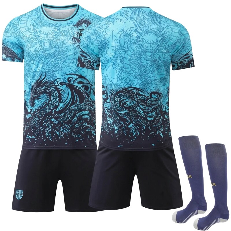 Barcelona trendy brand dragon pattern blue and black jersey