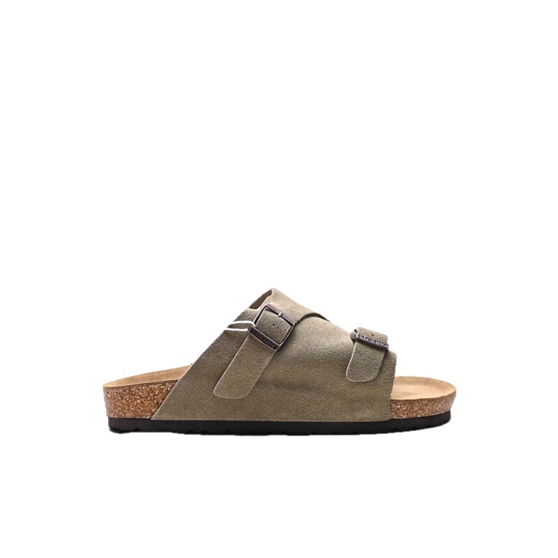 Birkenstock Vintage-Style Double-Buckle Khaki Cork Slide Sandals