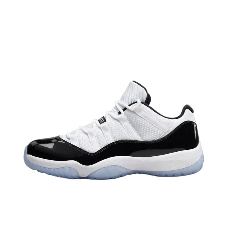 Black and white fashionable Air Jordan 11 sneakers.