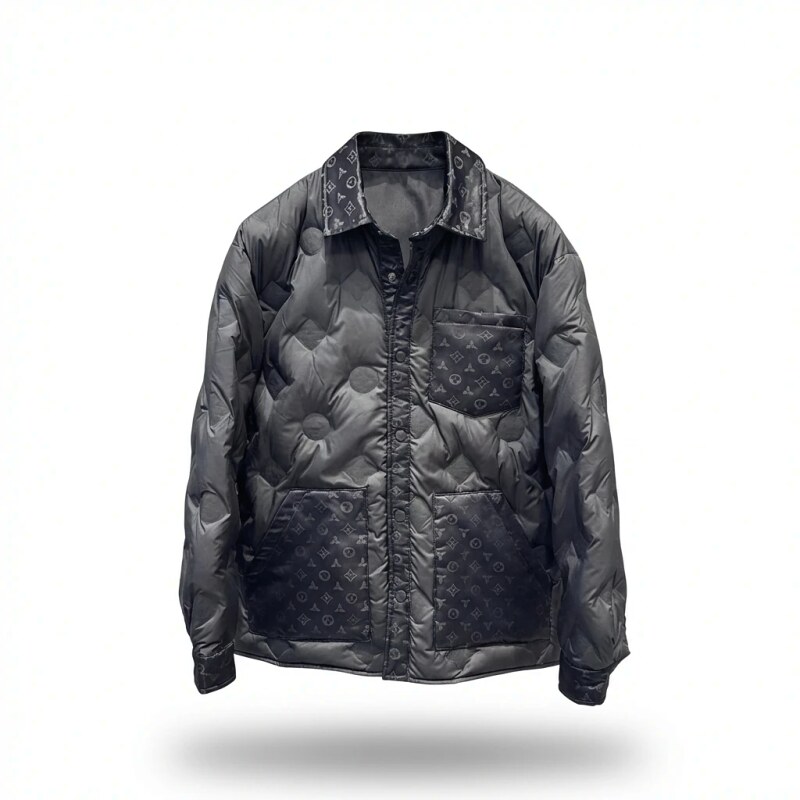 Black down jacket with LV print in casual style.