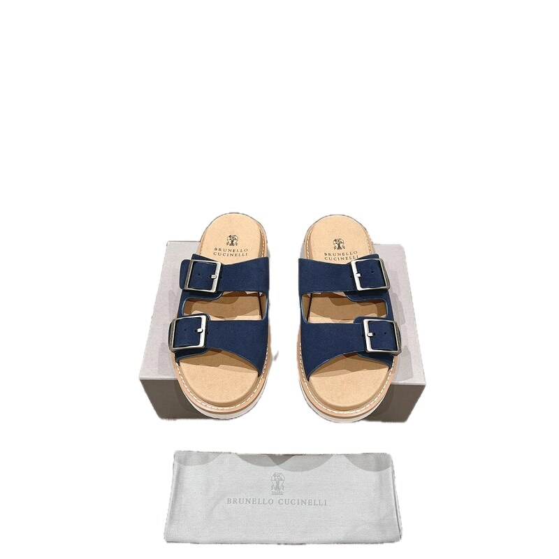 Brunello Cucinelli Buckled Casual-Style Navy Blue Slides