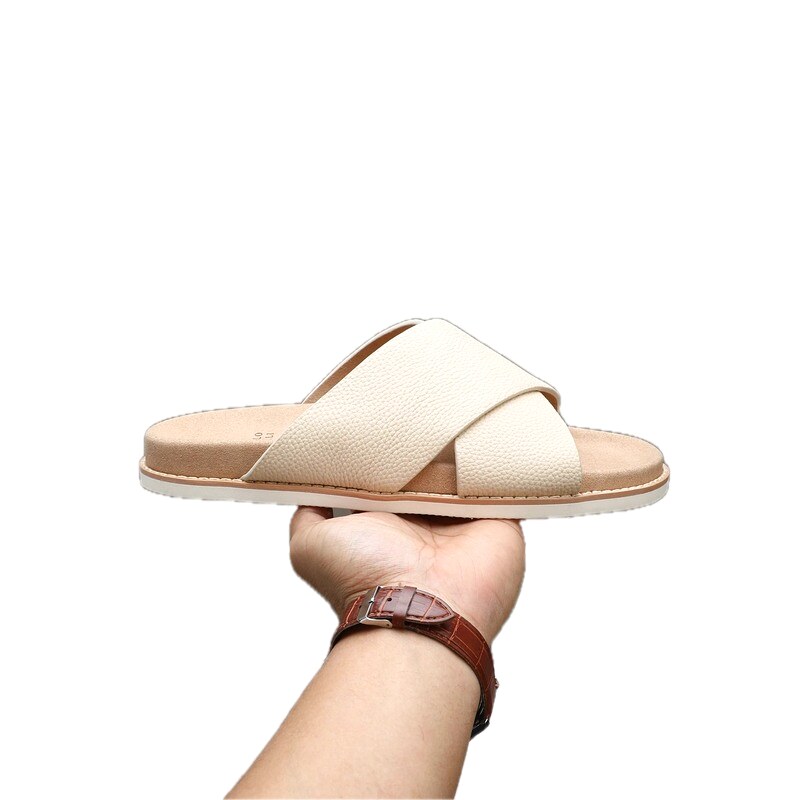 Brunello Cucinelli Casual Style Off-white Genuine Leather Cross-strap Slide Sandals