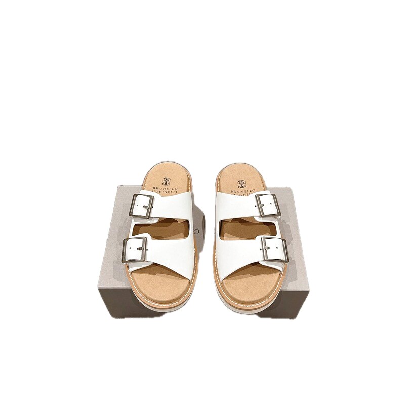 Brunello Cucinelli Double-Button Minimalist-Style White Slide Sandals