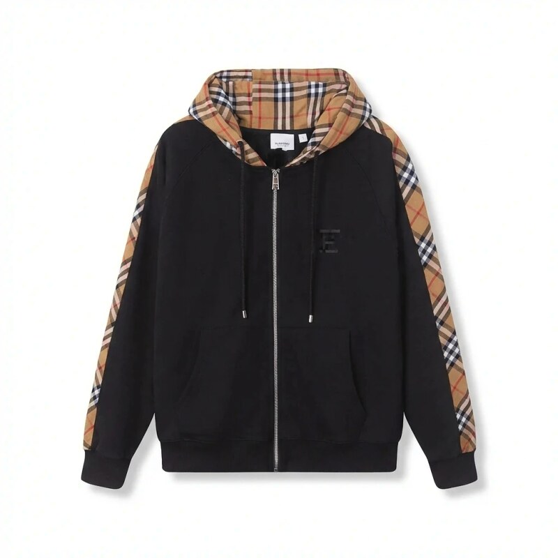 Burberry checkered pattern spliced black hoodie