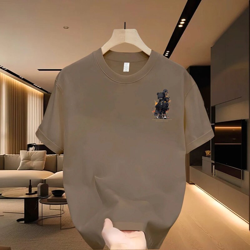 China-chic Graffiti Bear Street Style Khaki Short Sleeve T-Shirt