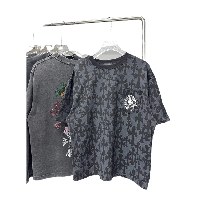 Chrome Hearts All-over Cross Print High Street Style Black and Gray T-Shirt