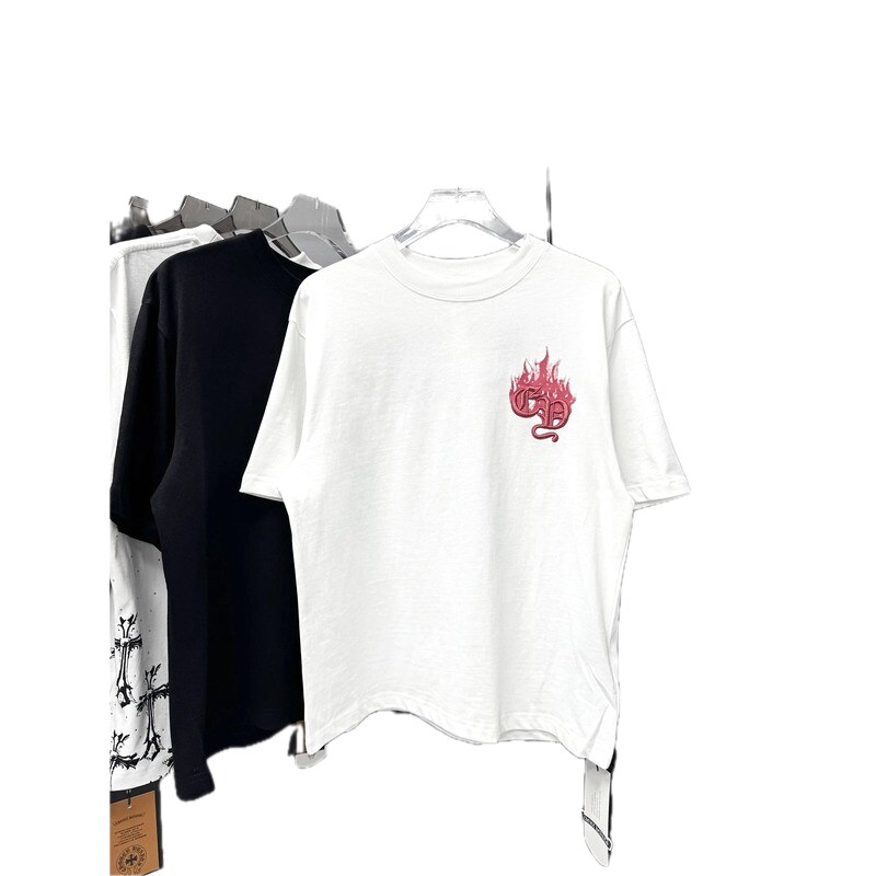 Chrome Hearts Flame-Embroidered Street Style White Short-sleeve T-shirt