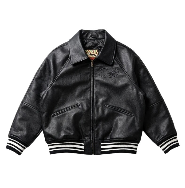 Corteiz baseball-style black leather jacket