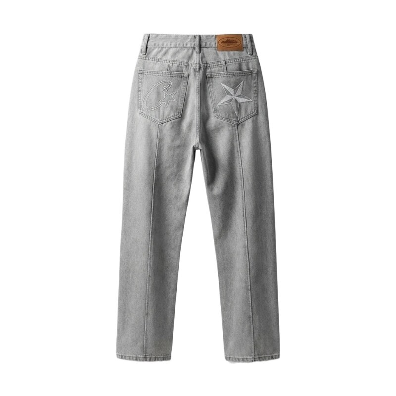 Corteiz Star - Marked Retro - Style Light Gray Jeans