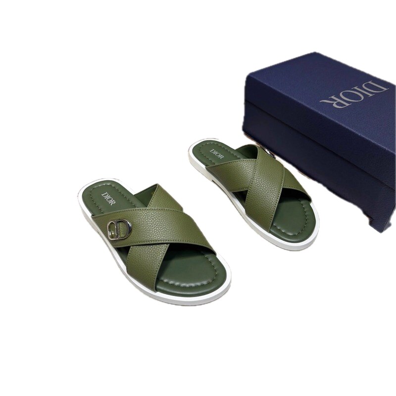 Dior Crisscross-strap Light Luxury Style Army Green Slides