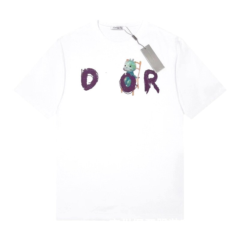 Dior Dinosaur Graffiti Cool Trendy White Short-sleeve T-shirt