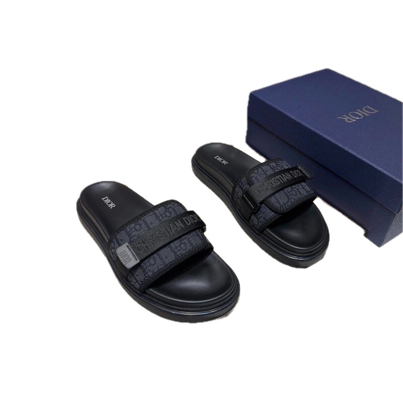 Dior Monogram Casual Style Black Slippers