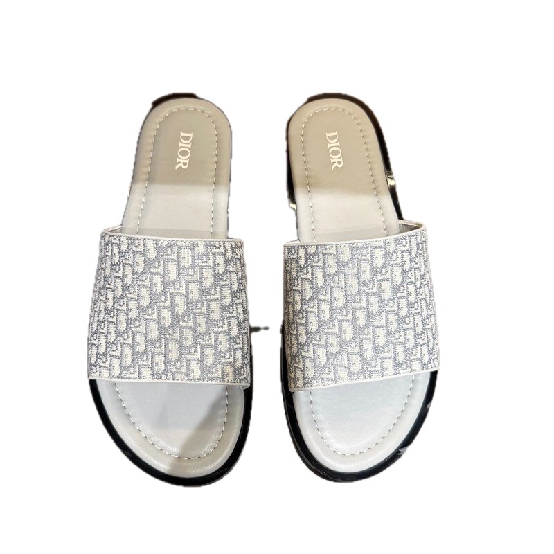Dior Monogram Light Luxury Style Light Gray Slides