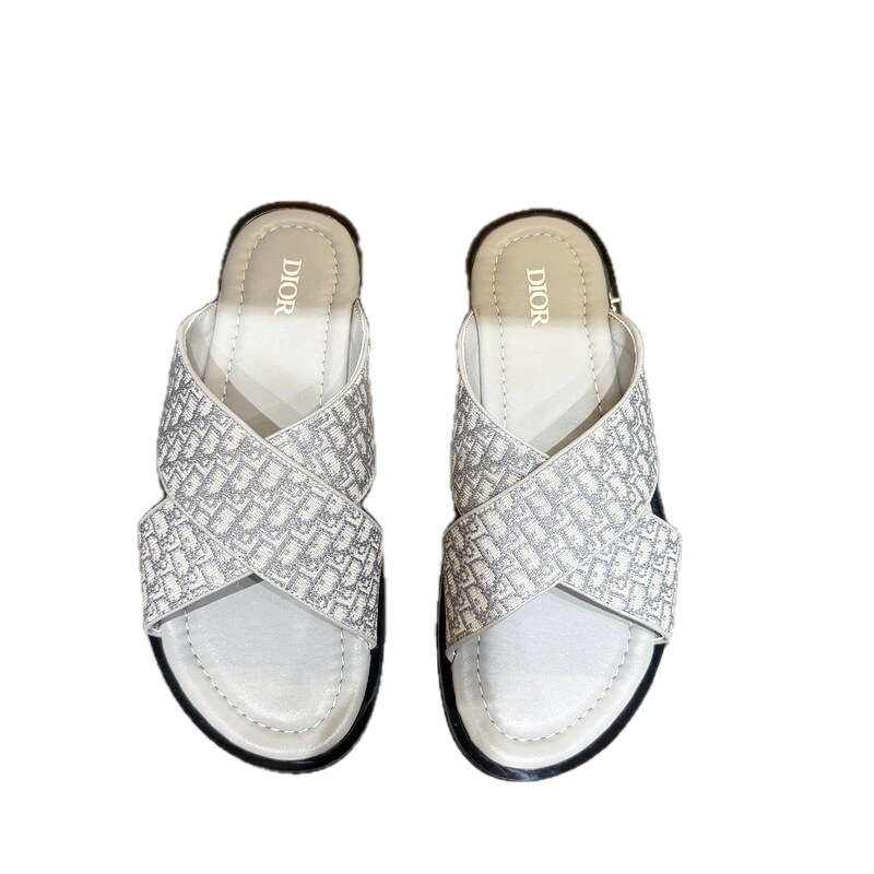 Dior Monogram Light Luxury Style Light Gray Slides