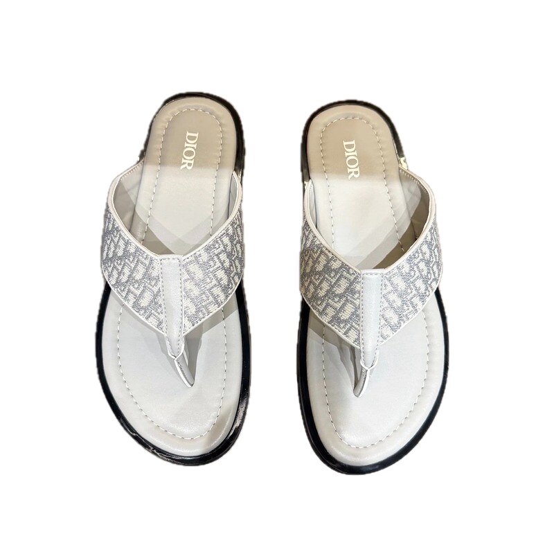 Dior Oblique Collection Light Luxury Style Light Gray Flip-Flops