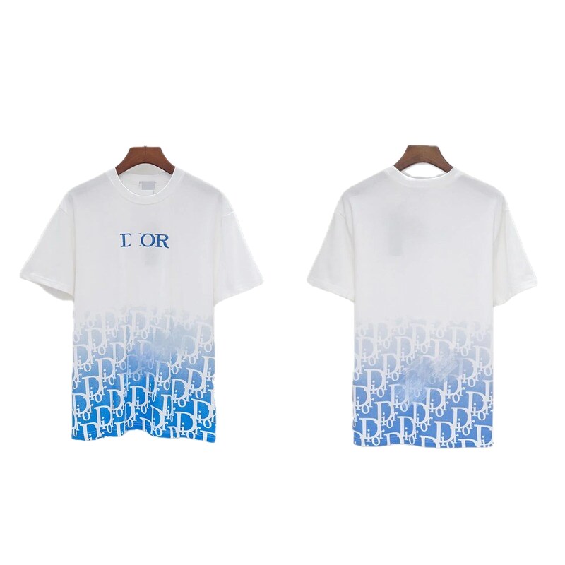 Dior Oblique Gradient Trendy Style Blue and White Short-sleeved T-shirt