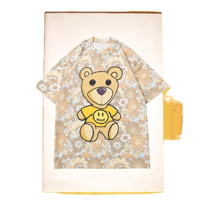 DREW Bear All-over Print Vintage Style Khaki Short Sleeve T-shirt