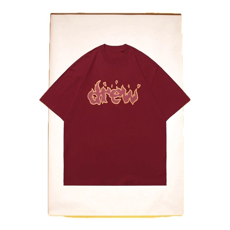 DREW Flame Heart Street Style Burgundy Short Sleeve T-Shirt