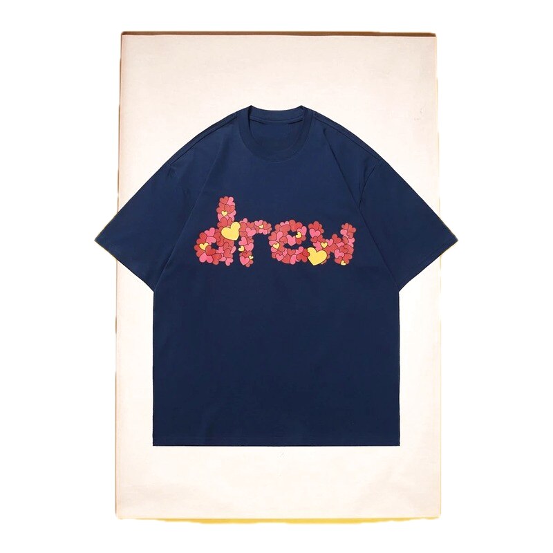 DREW Heart Print Street Style Navy Short Sleeve T-Shirt