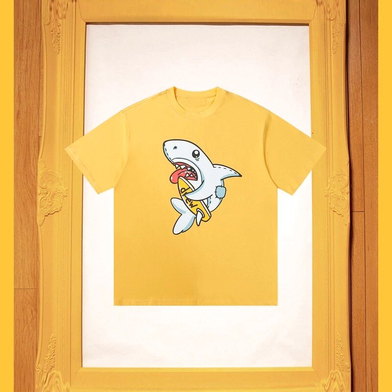 DREW Shark Print Street Style Yellow T-Shirt