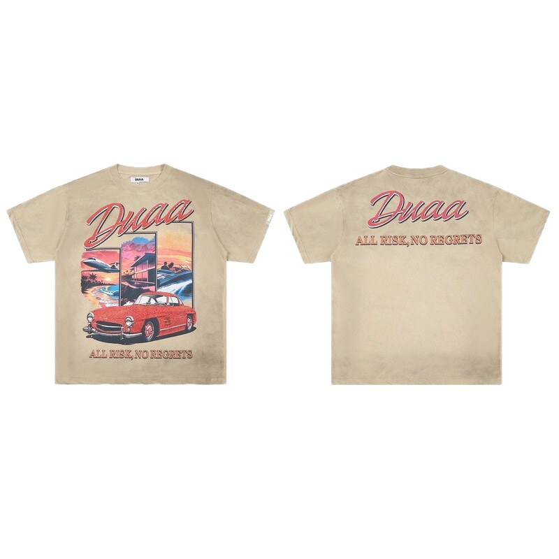 DUAA American Retro Sports Car Print Khaki T-shirt