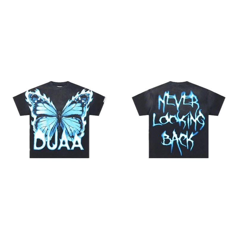 DUAA Butterfly Print Street Style Black and Blue Short-sleeved T-shirt