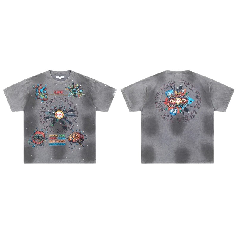 DUAA Cyber Print Street Style Grey T-Shirt