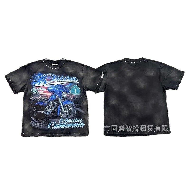 DUAA Motorcycle Print Vintage Style Black T-Shirt