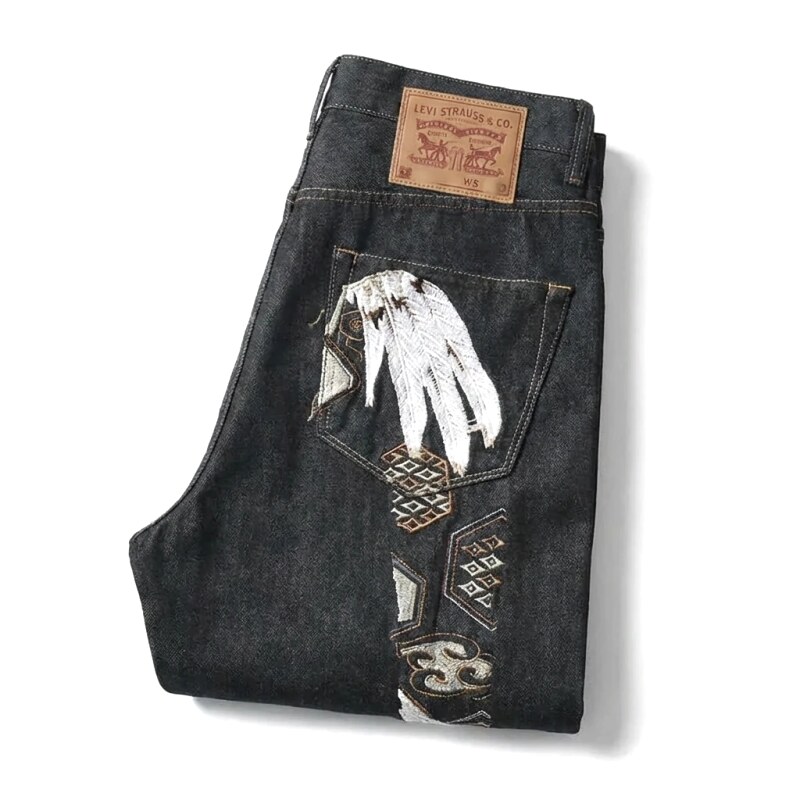 EVISU Embroidered Trendy Cool Black Jeans