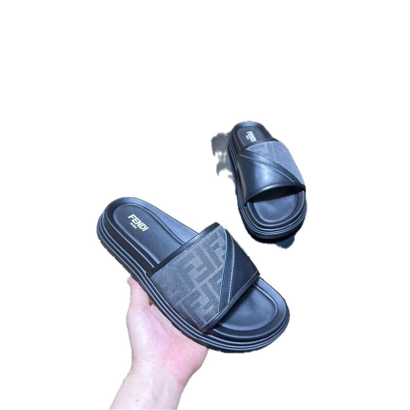 Fendi FF Monogram Trendy & Cool Black & Gray Casual Slippers