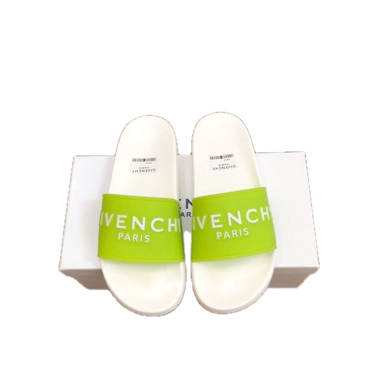 Givenchy Trendy Letter Style Fluorescent Green Spliced White Slide Sandals