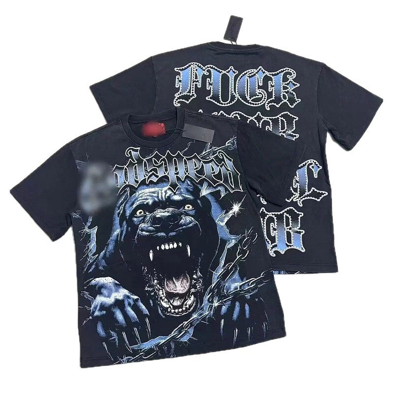 GOD Vicious Dog Printed Gothic Style Black Short-sleeve T-shirt