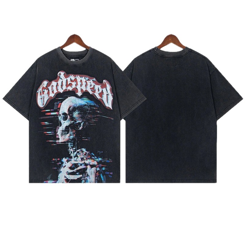 Godspeed Skull Print Street Style Distressed Black T-Shirt