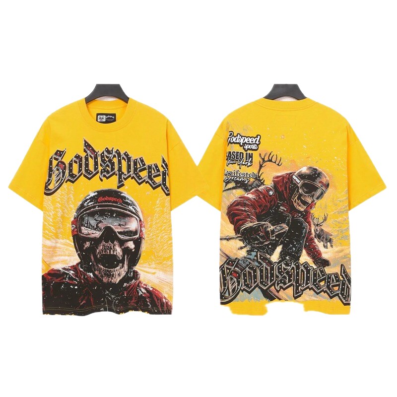 Godspeed Skull Skiing American Retro Yellow T-Shirt