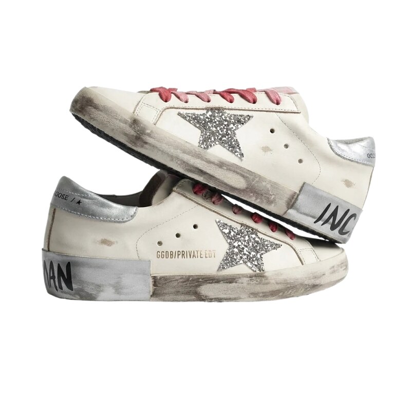 Golden Goose Dirty Sneakers in Silver and White Retro Style