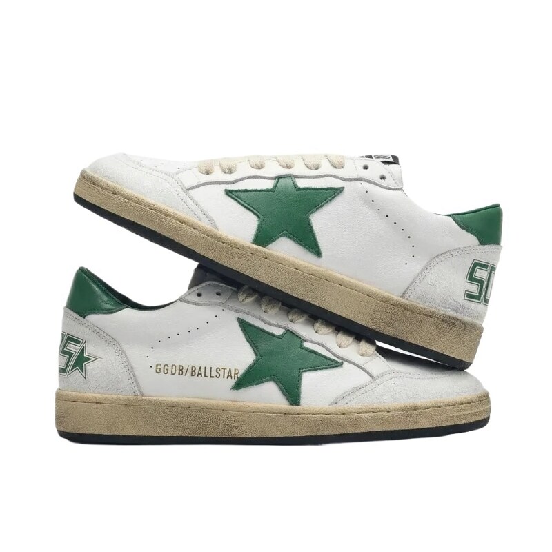 Golden Goose Dirty Star Green and White Retro Style