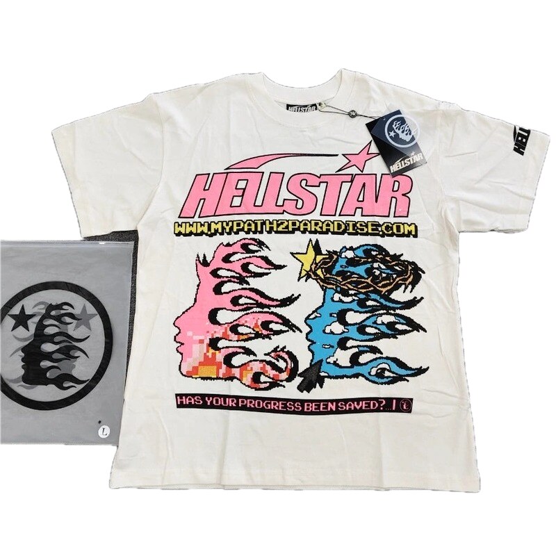 Hellstar Pixel Flame Print Street Style Off-white T-shirt