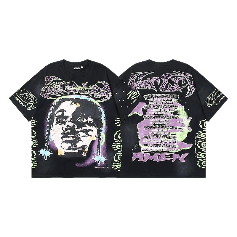 Hellstar Portrait Graffiti Street Style Black T-shirt