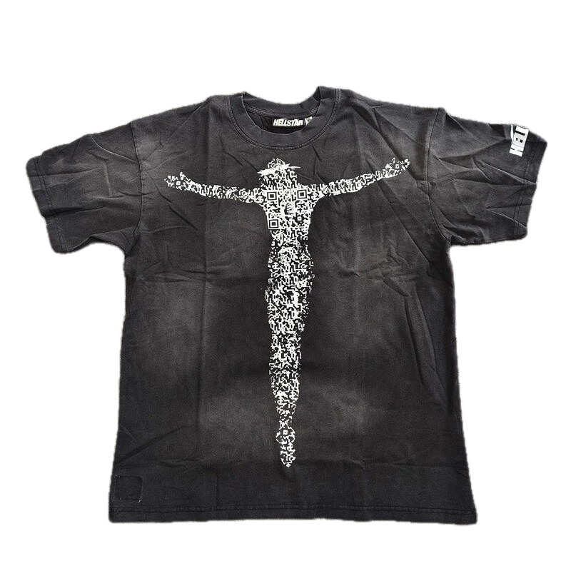 Hellstar QR Code Jesus Street Style Distressed Black T-Shirt