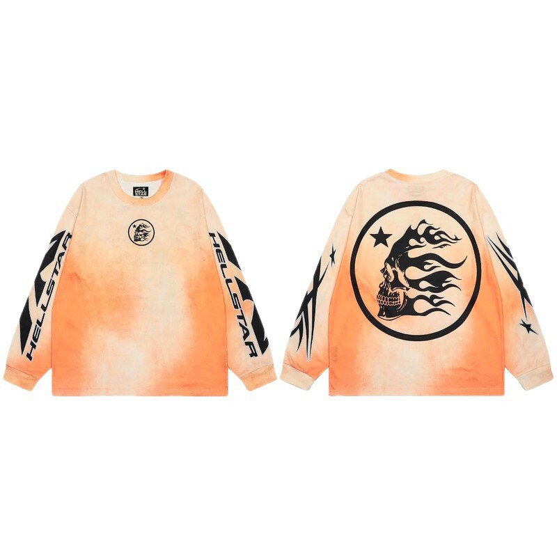 Hellstar Skeleton Flame Street Style Orange-dyed Long Sleeve T-Shirt