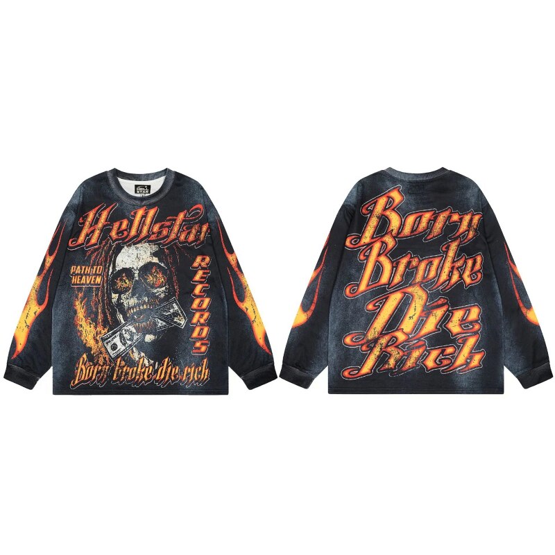 Hellstar Skull Flame Street Style Black & Orange Long Sleeve T-Shirt