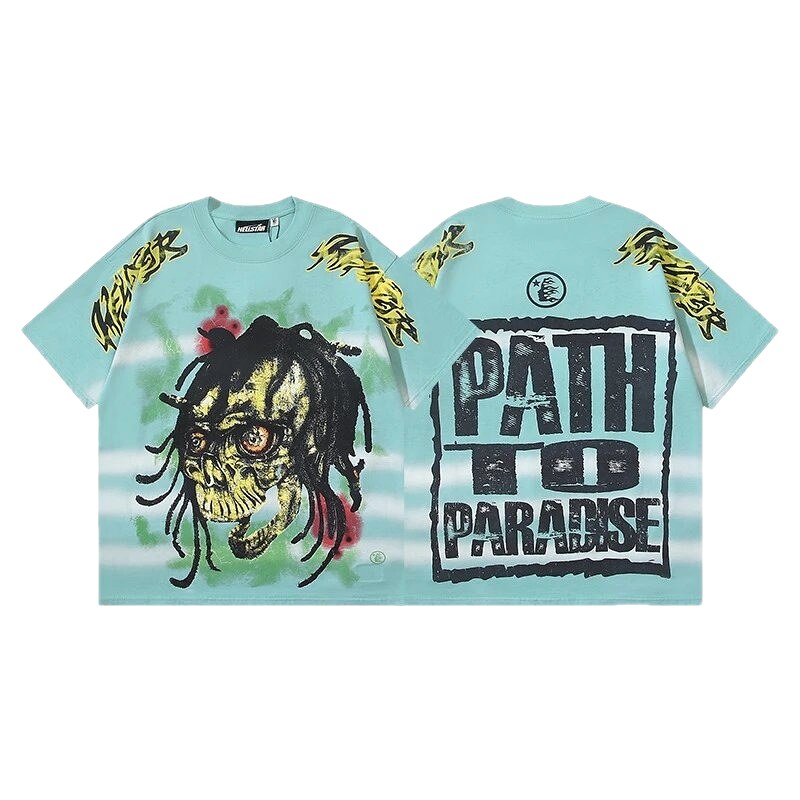 Hellstar Skull Print Street Style Light Blue T-shirt