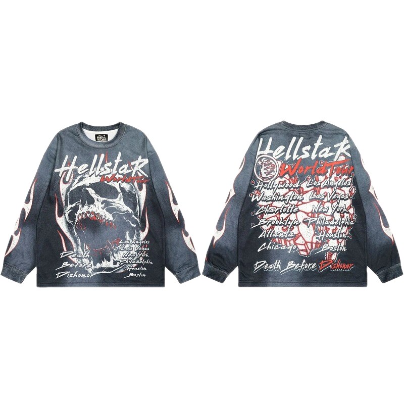 Hellstar Tour Skull Street Style Black & Gray Long Sleeve Shirt